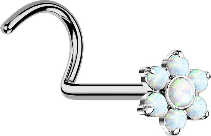 Star Piercing Threadless Nasenstecker gebogen silber Blume Opale weiss (ohne Messing, Titan G23)