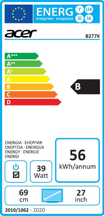 Energy Label Acer B277Kbmiipprzx (3840 x 2160 Pixels, 27")