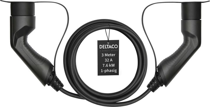 Actual product image Deltaco EV charging cable, e-car & hybrid, Type2 to Type2, 32 A, 7.6 kW, 1-phase (Type 1, 7.60 kW, 32 A, 3 m)