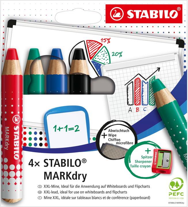 Produktbild STABILO Marker MARKdry (Grün, Blau, Schwarz, Rot, 5 mm, 4 x)