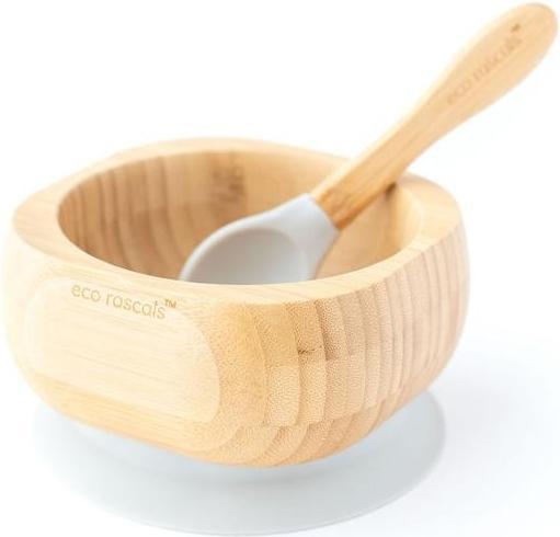 Eco rascals Bamboe kom met zuignap en lepel grijs