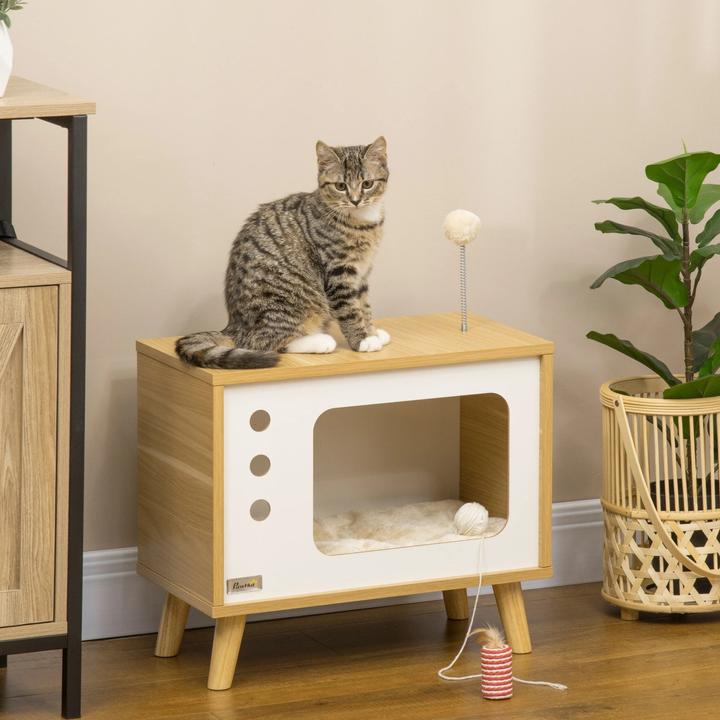 Produktbild PawHut Katzenhöhle im TV-Design inkl. Spielzeug und Kissen, Eiche, 50x28x43cm (Katze)