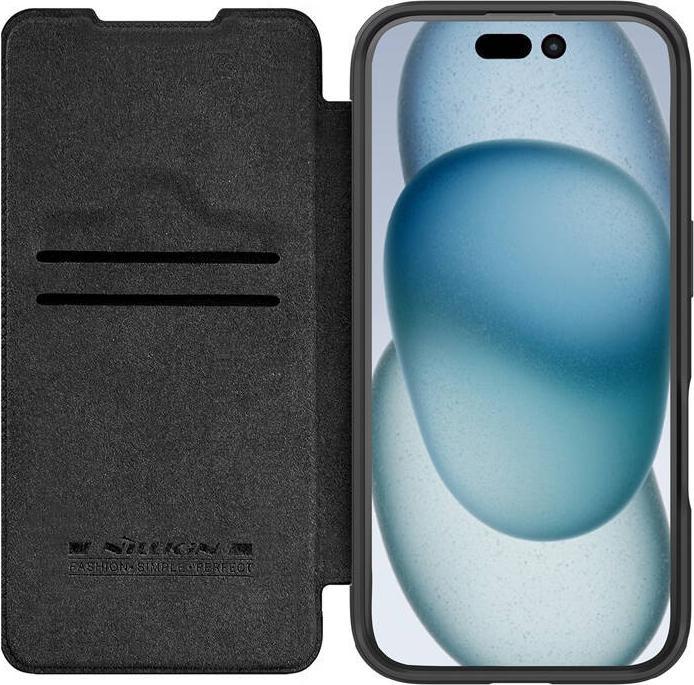 Produktbild Nillkin Qin Prop Leather Case with Camera Cover and Stand for iPhone 16 - Black (Apple iPhone 16)
