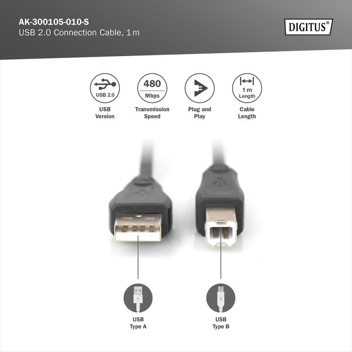 Immagine prodotto Digitus Cavo di collegamento USB2.0, 1 m (1 m, USB 2.0, 2.50 W)