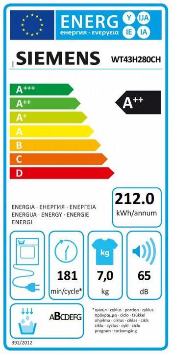Label énergétique Siemens Wt43h280ch (7 kg, Droite, Fiche CH)