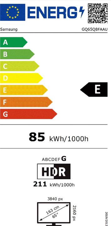 Energy Label Samsung 65" QLED Q8F 4K Vision AI Smart TV 2025 (65", QLED, 4K, 2025)