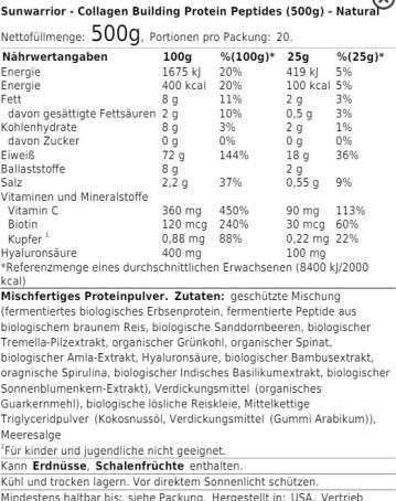 Valeurs nutritives et ingrédients Sunwarrior Peptides protéiques de construction du collagène naturel (1 pièce(s), Poudre, 500 g)