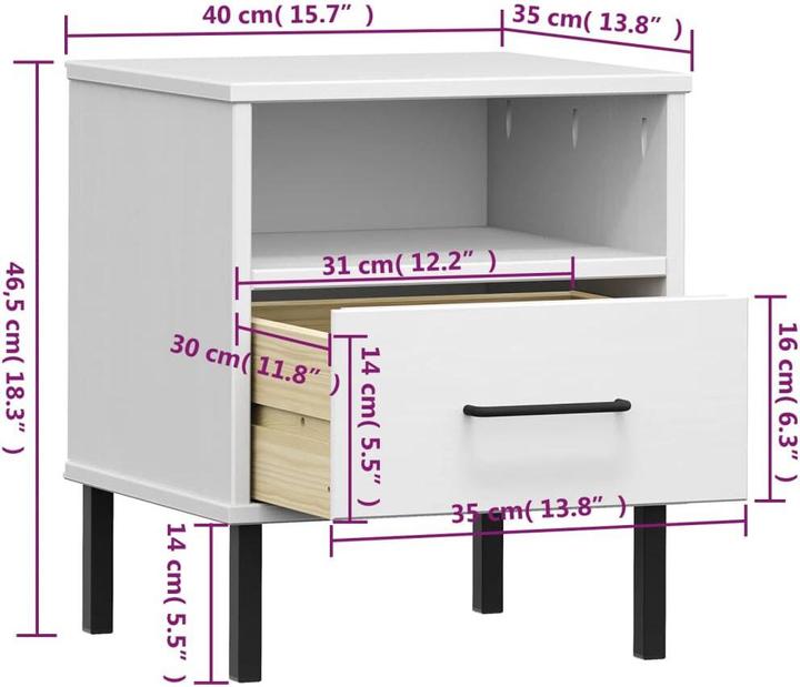 Actual product image VidaXL Nachttisch OSLO mit Metallbeinen Weiss Massivholz