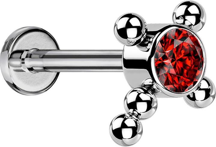 Star Piercing Micro Labret Innengewinde silber Kreuz Kugeln Kristall rot (Titan G23, ohne Messing)