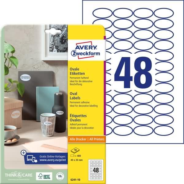 Produktbild Avery Zweckform Kennzeichnungs-Etiketten, oval, 40 x 20 mm weiss, dauerhaft haftend, Papier unbeschichtet