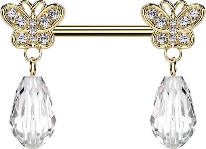 Produktbild Star Piercing Barbell vergoldet mit zwei Schmetterling vergoldet Kristalle silber Anhänger Kristalltropfen (Messing, Chirurgenstahl 316L)
