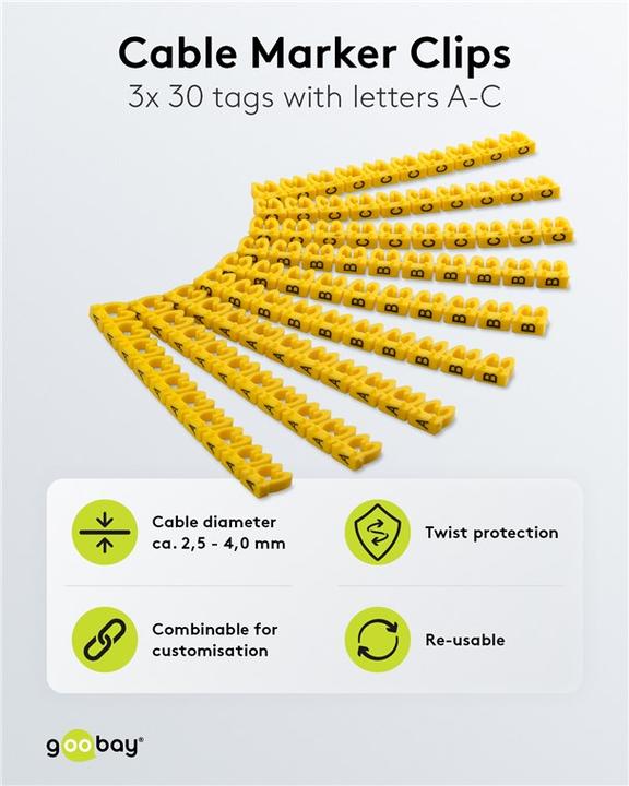 Produktbild Goobay Kabelmarker-Clips "Buchstaben A-C", für Kabeldurchmesser bis 4 mm, 4 mm