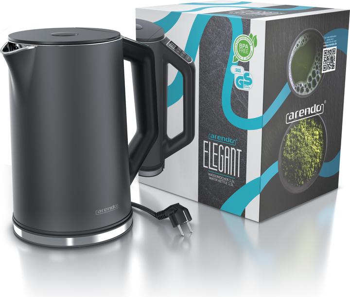 Produktbild Arendo Edelstahl Wasserkocher 1,5 l 2200 W, Doppelwand, Temperaturwahl 40 - 100°C mit Anzeige, Cool Grey (1.50 l)