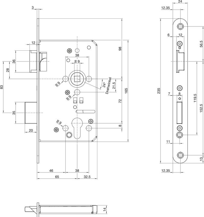 Actual product image BKS Panic mortice lock 1201 Panic function E rounded 24/65/72/9 mm DIN left stainless steel (Profile cylinder)