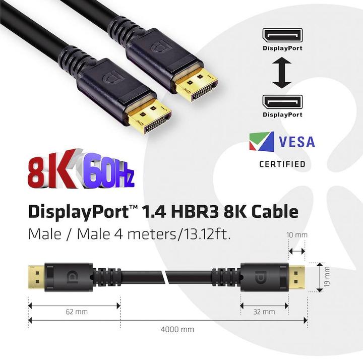 Actual product image Club 3D DisplayPort 1.4 HBR3 8K Cable M/M /13.12ft (4 m, DisplayPort)