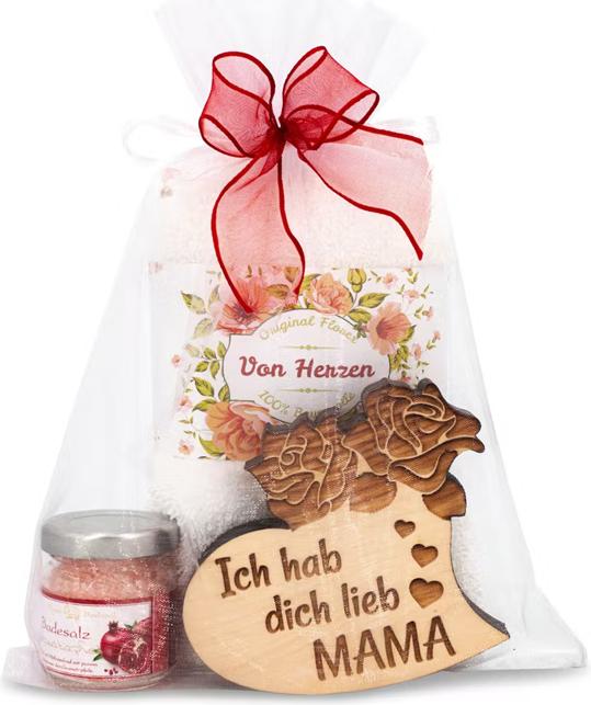 ZNatur Geschenkset Zirben Holz Herz mit Gravur MAMA & Badesalz & Tuch No.27 (Körperpflegeset)