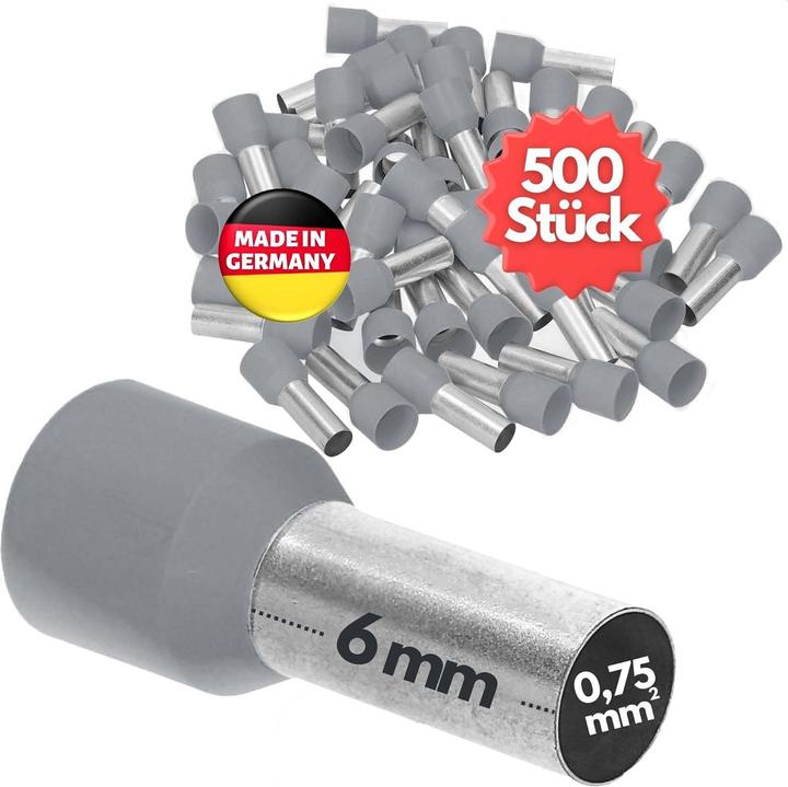 Kalitec 500 pieces AE07506GR Wire end ferrules insulated 0.75mm² 6mm long grey I Made in Germany I Industr
