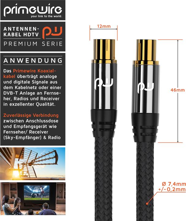 Produktbild Primewire HDTV Antennenkabel mit Braiding, Premium Koaxialkabel 75 Ohm / 135 dB, TV Kabel, 4K HDTV, DVB-T DAB (135 dB, Antennenkabel)