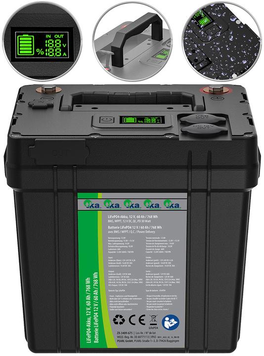 Image du produit TKA Batterie LiFePO4 avec panneau solaire de 60 watts, 12 V, 60 Ah / 768 Wh (60 W, 7.33 kg)