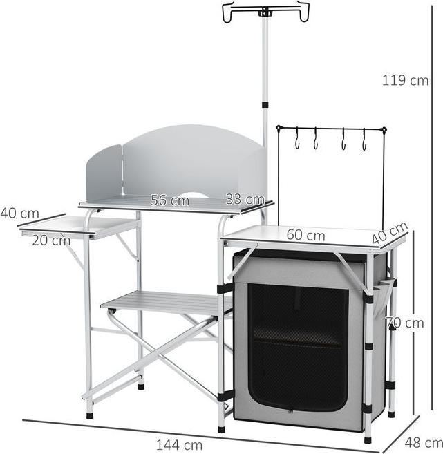 Immagine prodotto Swisshandel24 Cucina da campeggio, pieghevole, 3 piani di lavoro, frangivento, armadio in tessuto, 144x48x119cm