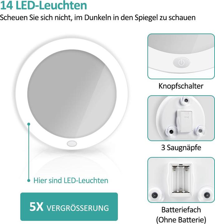Actual product image Emke Kosmetikspiegel mit beleuchtung 5X Vergrösserung, Saugnapf, Batteriebetrieben, 165mm