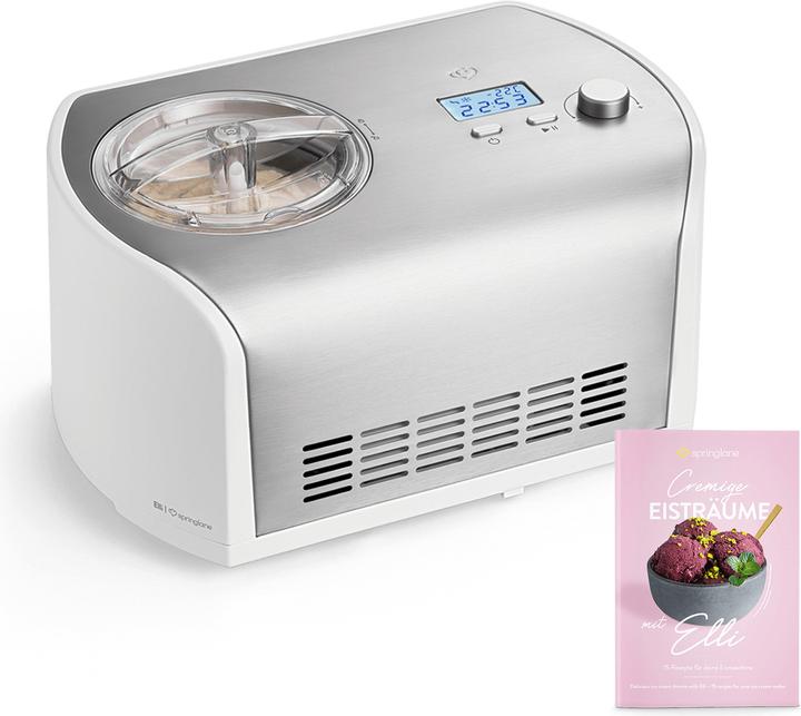 Parte agitante, Palline di gelato, Manuale d'uso, Gelatiera con compressore, Coperchio con apertura di riempimento, Dosatore, Ricettario, Contenitore per gelato in acciaio inox