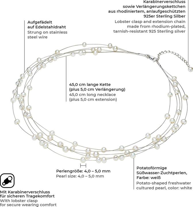 Actual product image Valero Pearls Ladies sterling silver freshwater cultured pearl silver 45.0 cm base chain + 5.0 cm extension - (Sterling Silver, 45 - 50 cm)