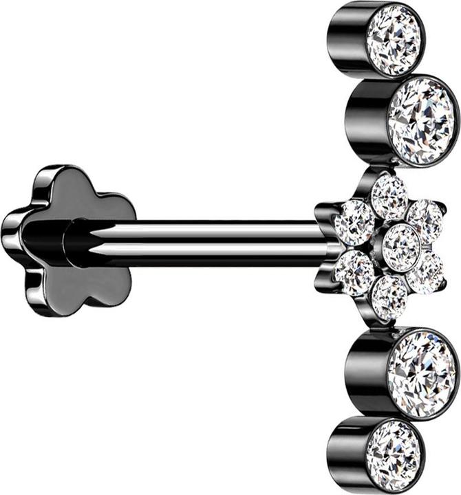 Produktbild Star Piercing Micro Threadless Labret Blume schwarz Blume Kristalle silber vier Kristalle (Titan G23, ohne Messing)