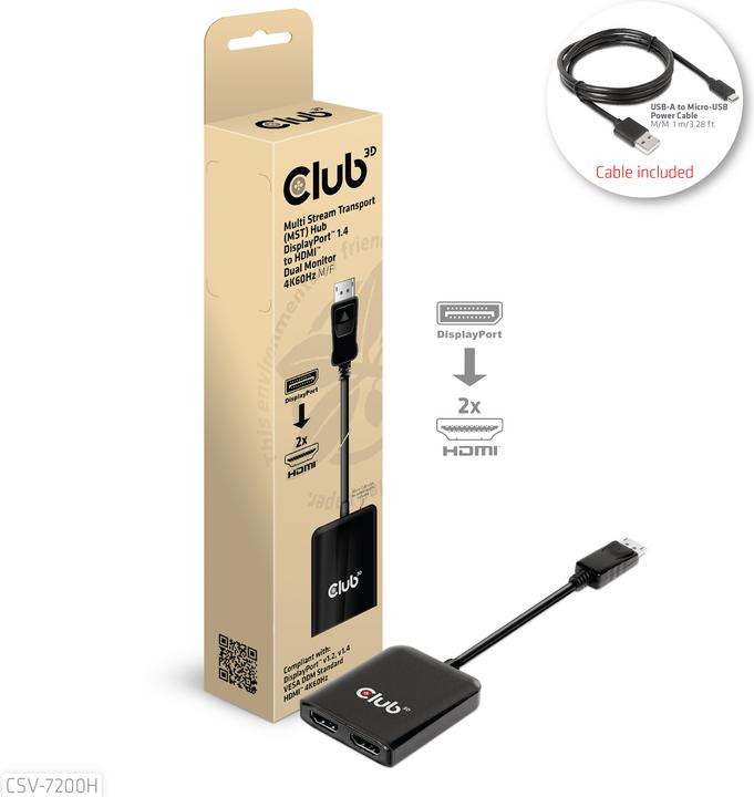 Actual product image Club 3D Club3D Multi Streaming Transport Hub 1xDP->2xHDMI (Micro USB, 20 cm)