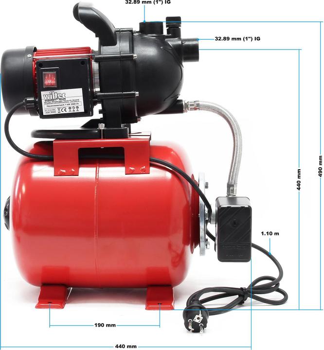 Image du produit Wiltec Pompe de jardin Réseau d’eau domestique 1000 watts 3500 l/h avec pressostat et manomètre (Pompe à eau domestique)