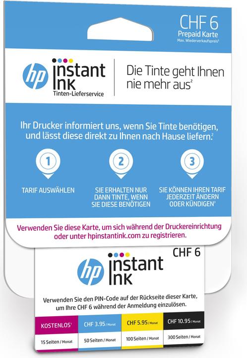 HP Carte d'enregistrement Instant Ink avec un crédit de 6 CHF