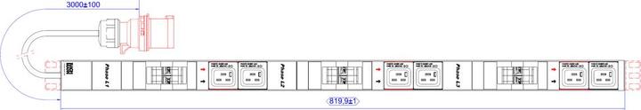 Produktbild Bachmann IT PDU ALU 0HE 6x C19 6x Leitungsschutzschalter CEE 3x32A rot (12 x, IEC 320, 3 m)