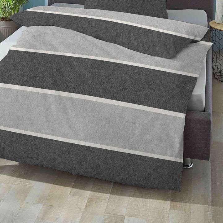 Actual product image Biberna Melange Flanell Bettwäsche Blockstreifen sturmgrau (Duvet cover, 80x80 cm)