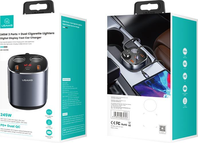 Produktbild Usams Autosprüher 2 xUSB-A/1 xUSB-C C28 245W grau/grau CC151TC01 (US-CC151)