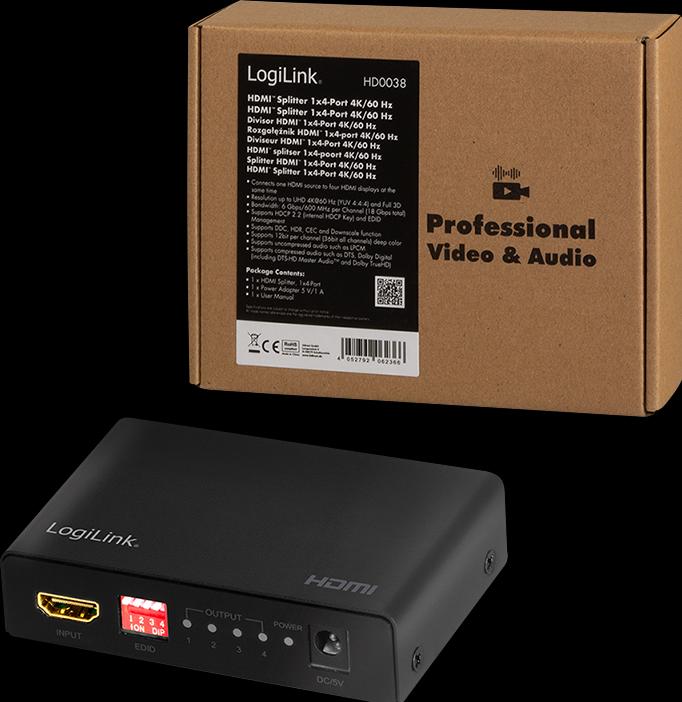 Produktbild LogiLink HD0038 HDMI Splitter 1x4-Port, 4K/60 Hz, HDCP, EDID, HDR, CEC, downscaler