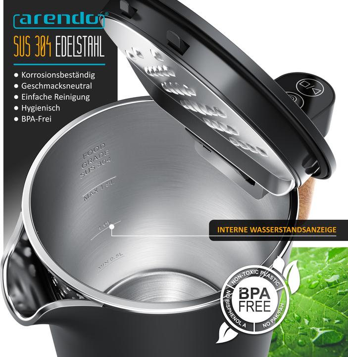 Produktbild Arendo Edelstahl Wasserkocher 1,5 L, 2200 W, Temperatureinstellung 45°C-100°C, Warmhaltefunktion, Schwarz (1.50 l)