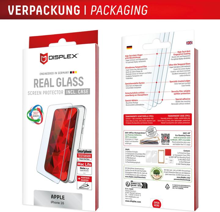 Produktbild Displex Real Glass, 2D Panzerglas + Handyhülle (1 Stück, Apple iPhone 16)