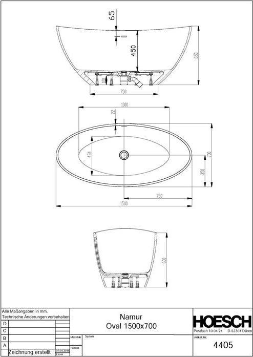 Actual product image Hoesch Bath tub NAMUR 1500x700x450mm free standing white (220 l, 150 cm, 70 cm)