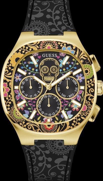 Actual product image Guess BR GLD CS W/ DIGITAL PRINTED TR / SUN BLK MF DL / BLK SILICONE STRP W/ PRINTING Wristwatch (44 mm)