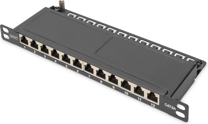 Digitus Cat.6A Slim Patch Panel, afgeschermd, 12-poorts, 0,5 HE, 10", zwart