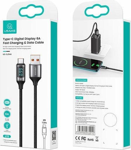 Produktbild Usams Kabel pleciony U78 USB-C 1.2m LED 6A Fast Charging czarny/black SJ544USB01 (US-SJ544) (1.20 m, USB 3.2 Gen 1)