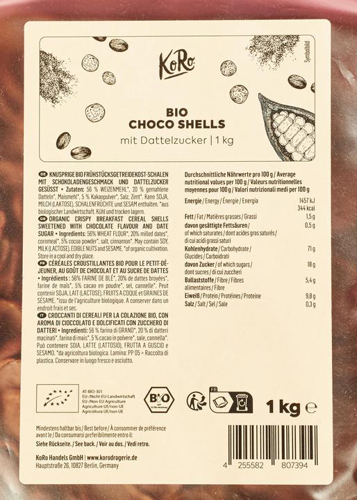 Nutritional values and ingredients KoRo Crispy organic breakfast cereal bowls sweetened with chocolate flavour and date sugar (1000 g)