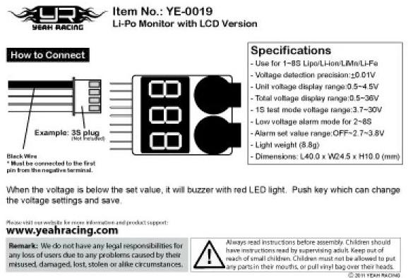 Immagine prodotto Yeah Racing LiPo Monitor with LCD 1S-8S