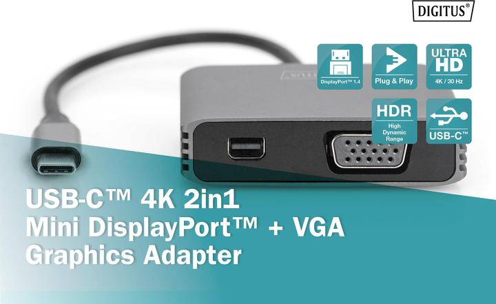 Image du produit Digitus Adaptateur graphique USB-C™ 4K 2 en 1 Mini DisplayPort + VGA (Mini DP, VGA, 20 cm)