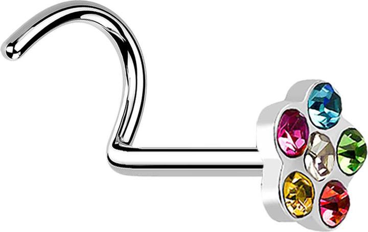 Actual product image Star Piercing Nasenstecker gebogen silber mit Blume und 5 Kristalle farbig (Surgical steel 316L, without brass)