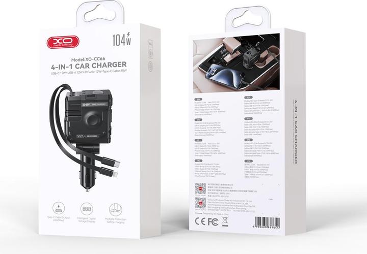 Image du produit xO chargeur de voiture CC66 104W 1x USB 1x USB-C noir avec câble USB-C et câble Lightning