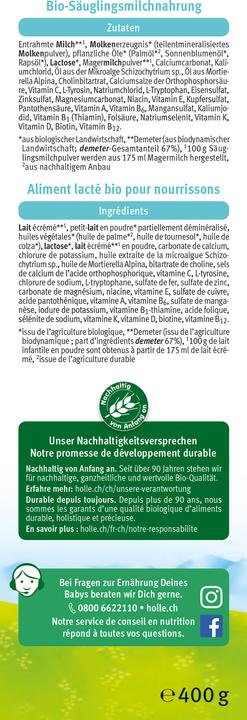 Valori nutrizionali e ingredienti Holle Bio-Anfangsmilch PRE (neu) (400 g, dalla nascita)