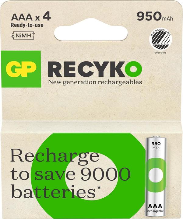 Produktbild GP Batteries GP ReCyko Rechargeable Battery, Size AAA, 950 mAh, 4-pack (1 Stk., AAA, 950 mAh)