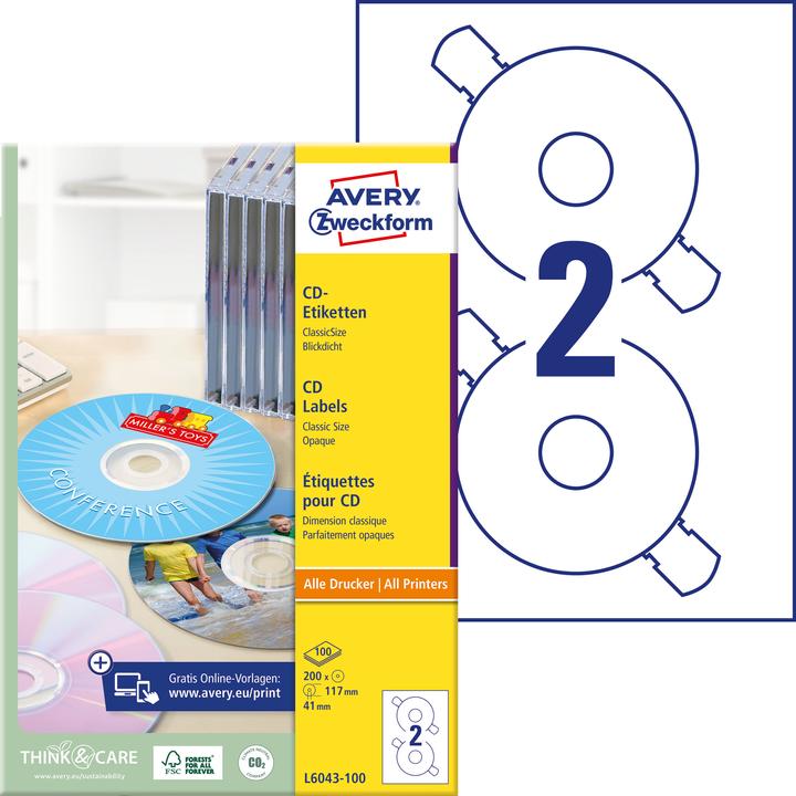 Produktbild Avery CD-Etiketten L6043-100 Ø 117 mm, Klebehaftung: Permanent