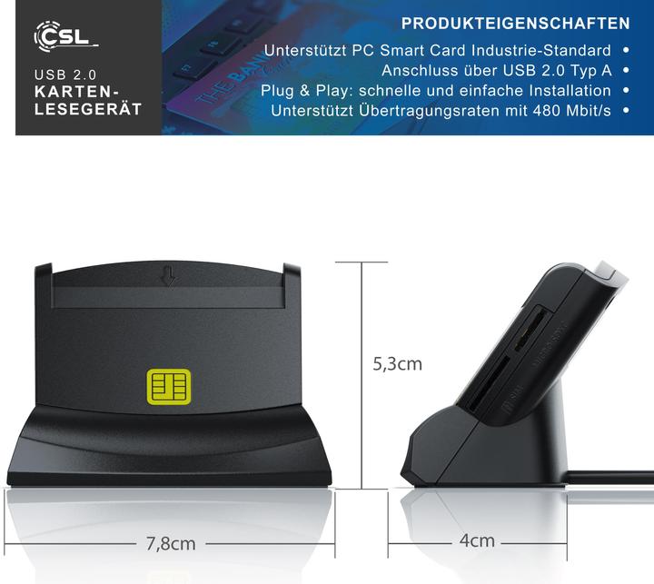 Produktbild CSL USB Speicherkartenleser, Chipkartenleser, SmartCard Reader, Cardreader, SIM Cards, SD, Micro SD (USB)